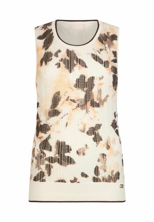 Haut tricoté sans manches avec imprimé floral en beige, orange et noir. Présente une texture côtelée et un bord marron contrastant autour de l'encolure et de l'ourlet.