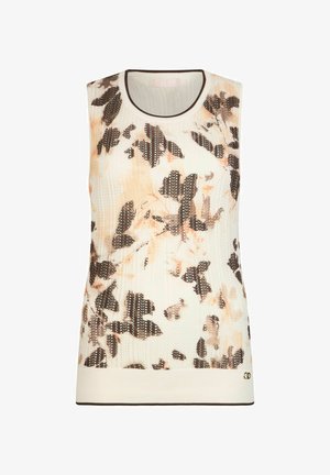 Bez piedurknēm adīts tops ar ziedu rakstu bēšā, oranžā un melnā krāsā. Raksturīga ribas faktūra un kontrastējoša brūna apmale apkārt kakla izgriezumam un apakšmalai.