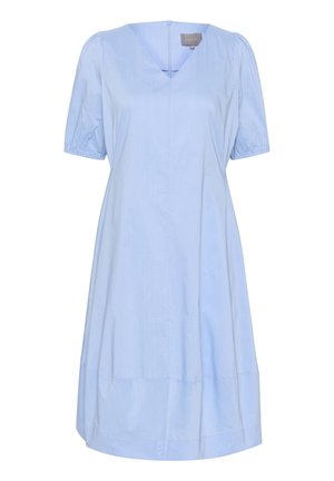 Hellblaues Kleid mit kurzen Puffärmeln, V-Ausschnitt und lockerer Passform. Hergestellt aus glattem Stoff, hat es einen mittellangen Saum und einen Reißverschluss auf der Rückseite.