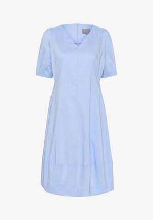 Vestido azul claro con mangas cortas abullonadas, escote en V y corte relajado. Fabricado en tela suave, cuenta con un dobladillo de longitud media y cremallera en la parte posterior.