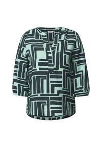 Licht mintgroene blouse met zwarte geometrische patronen, voorzien van een V-hals, driekwartmouwen en een relaxte pasvorm. Gemaakt van een zachte stof.