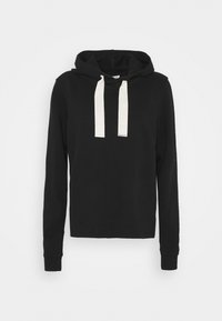 Sudadera negra de tela suave, con un bolsillo tipo canguro, detalles en cordón blanco, mangas largas y puños y dobladillo acanalados.