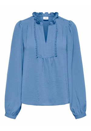 Niebieska bluzka z długim rękawem, z falbankowym kołnierzykiem, dekoltem w kształcie litery V, ozdobiona koronkowym wykończeniem z przodu oraz marszczonymi mankietami.