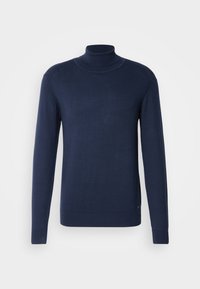 Navyfarbener Rollkragenpullover aus geripptem Strickstoff, mit langen Ärmeln und taillierter Silhouette. Keine sichtbaren Muster oder Verzierungen.