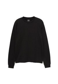 Schwarzes Sweatshirt mit langen Ärmeln aus weichem Baumwollstoff. Verfügt über einen Rundhalsausschnitt und eine lockere Passform mit gerippten Bündchen und Saum.