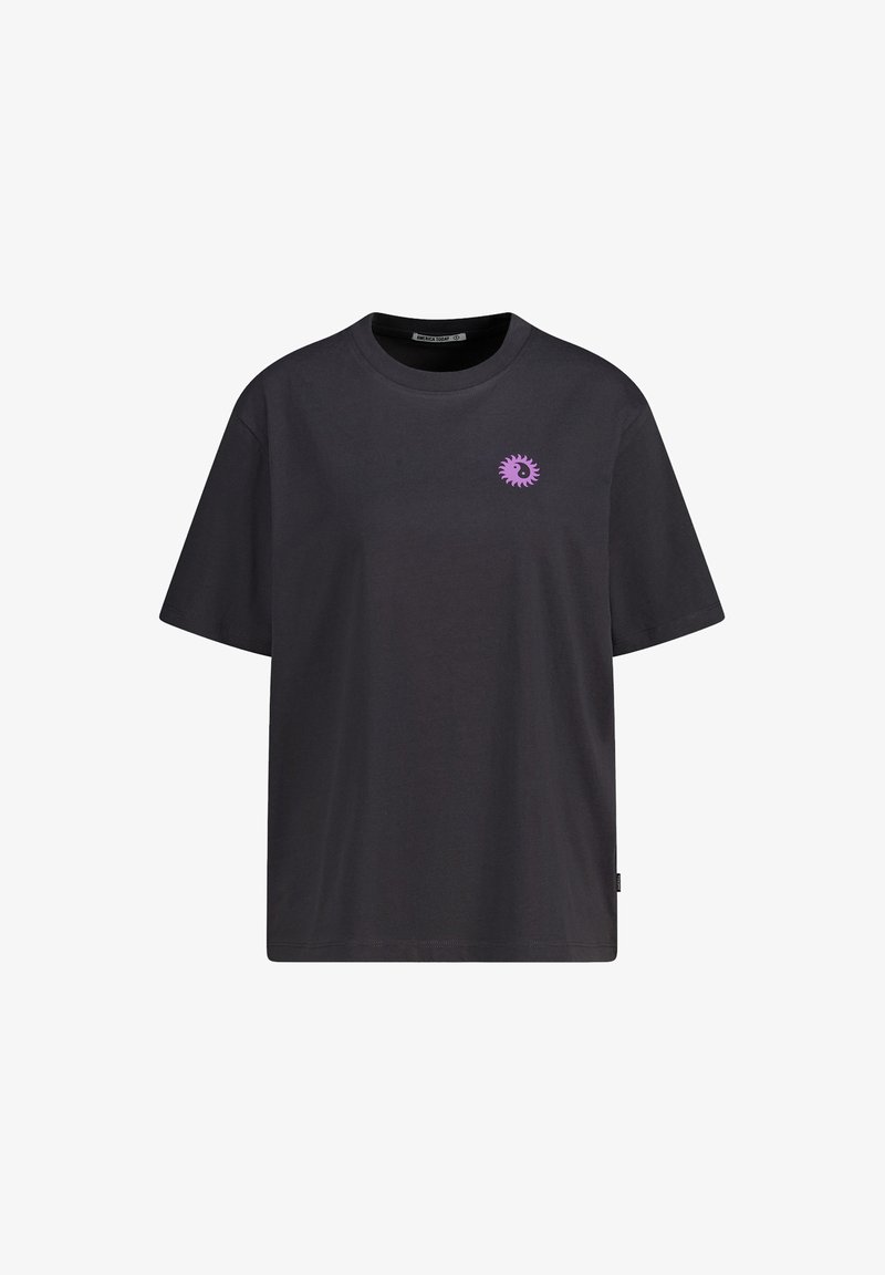 Black cotton t-shirt with short sleeves, round neckline, and pink circular graphic on the chest. No additional patterns or accents present.