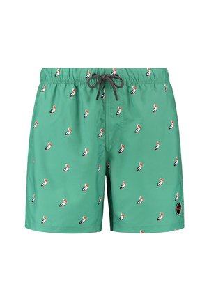 Žalios plaukimo šortai, pagaminti iš lengvos medžiagos, su pakartotiniu pelikanų raštu ir raudonais akcentais. Apima elastingą juosmens juostą ir raištelį.