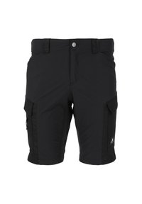 Mustat cargo-shortsit, jotka on valmistettu kevyestä kankaasta, sisältäen useita taskuja, vetoketjukiinnityksen ja logopatchin helmassa.