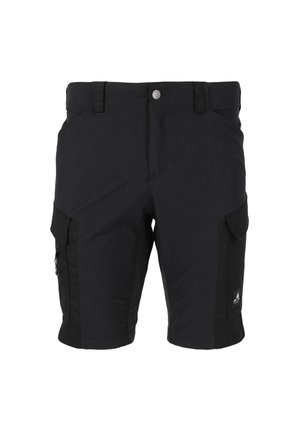 Sorte cargo-shorts lavet af letvægtsstof, med flere lommer, lynlåslukning og et logo-patch på kanten.