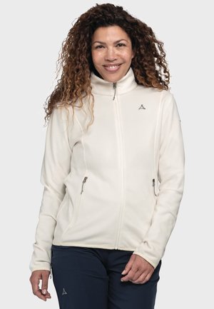 Damencreme-Fleecejacke mit Reißverschluss vorne, hohem Kragen und Seitentaschen. Mit Logodetail auf der Brust. Weiche Textur, figurbetontes Design.