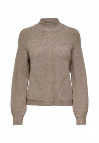 Maglione lavorato a maglia in beige chiaro con colletto alto, motivi geometrici a treccia, polsini e orlo a coste. Texture morbida e vestibilità rilassata.