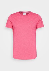 Pink cotton T-shirt with a crew neck and short sleeves. Features a small logo on the chest and a contrasting striped collar detail.