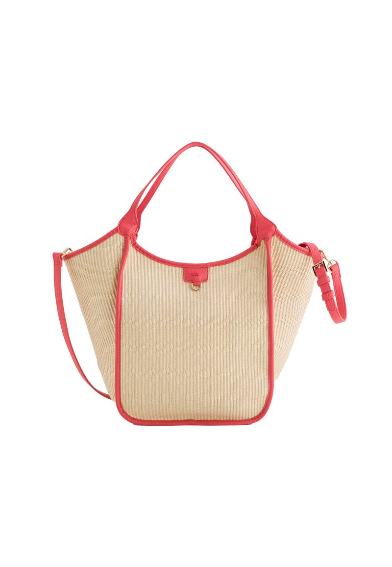 Striped beige tote bag with red leather accents. Features dual top handles and an adjustable crossbody strap. Gold hardware detail.
