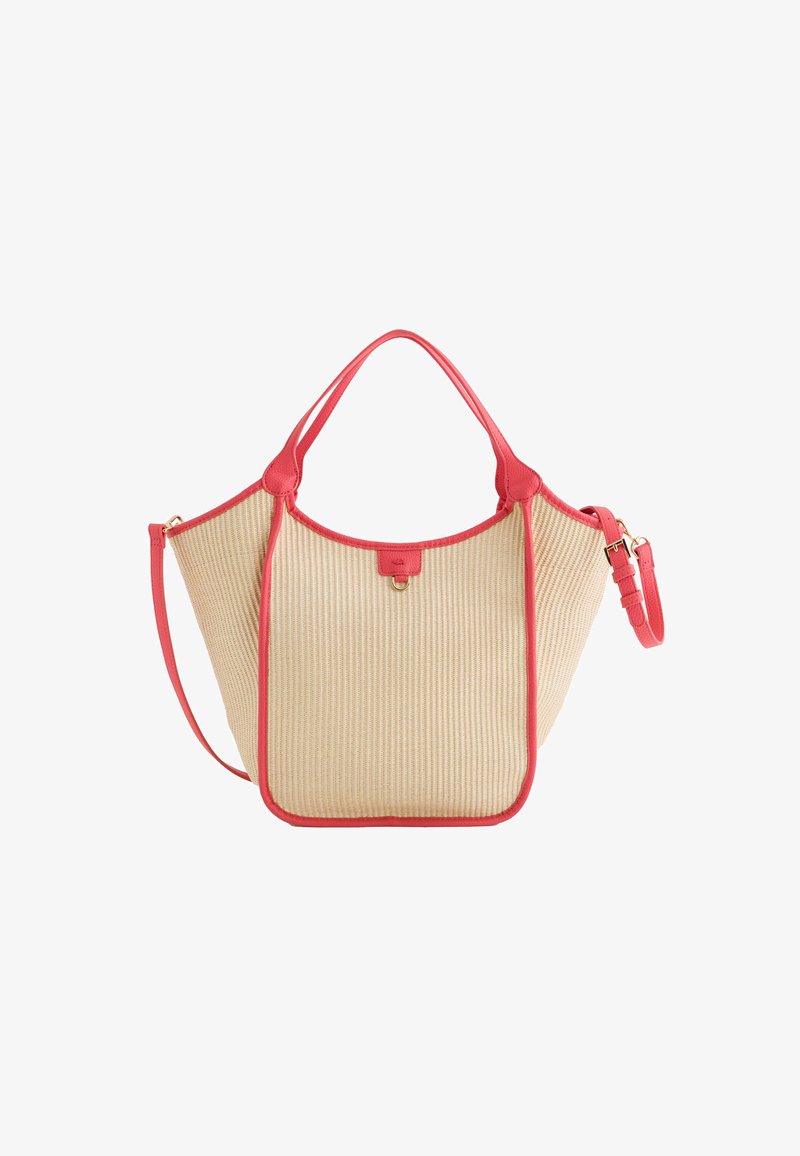 Striped beige tote bag with red leather accents. Features dual top handles and an adjustable crossbody strap. Gold hardware detail.