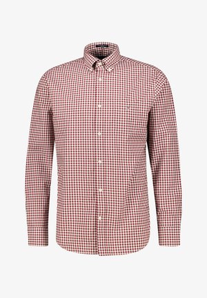 Camicia a maniche lunghe a quadretti rossi e bianchi con colletto abbottonato e taschino frontale. Il tessuto appare liscio con un motivo a griglia uniforme.
