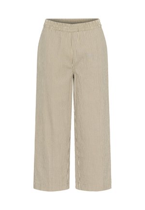Pantalon à jambes larges à rayures verticales beige et blanches, avec une taille élastique et une coupe décontractée.