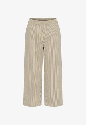 Bézs és fehér függőleges csíkos, bő szárú nadrág, rugalmas derékpánttal és laza szabással.