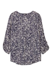 Marinebluse mit weißem abstraktem Blattmuster, langen Ärmeln, runder Ausschnitt und lockerer Passform. Glattes Material mit leicht strukturiertem Oberflächen.