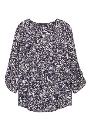 Marinebluse mit weißem abstraktem Blattmuster, langen Ärmeln, runder Ausschnitt und lockerer Passform. Glattes Material mit leicht strukturiertem Oberflächen.