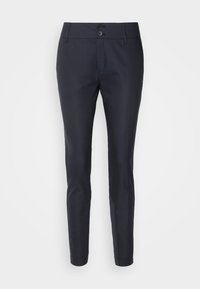 Pantalon bleu marine cintré, coupe ajustée, avec fermeture à deux boutons et passants pour ceinture, conçu pour une tenue formelle ou professionnelle.