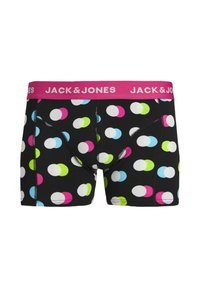 Black boxer shorts with a pink elastic waistband, featuring a polka dot pattern in green, blue, pink, and white.