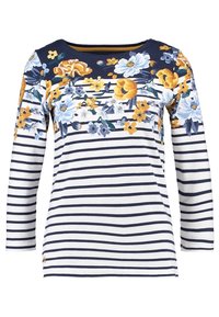 Topp med lange ermer i marineblå og hvite striper, med blomstertrykk i gult og blått på øvre front, rund halslinning og myk tekstur.