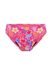 Bas de bikini rose avec un motif floral tropical comprenant des coquillages, des étoiles de mer, des hibiscus et des tranches d'agrumes. Texture lisse, coupe régulière.