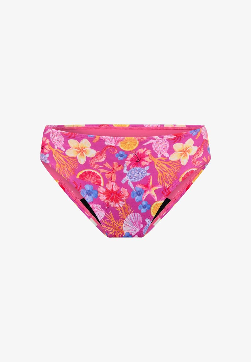 Bas de bikini rose avec un motif floral tropical comprenant des coquillages, des étoiles de mer, des hibiscus et des tranches d'agrumes. Texture lisse, coupe régulière.