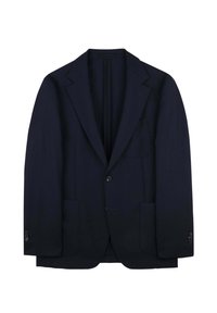 Blazer azul marino de tela suave, con solapa de muesca, dos bolsillos frontales, cierre de botón sencillo y detalles de costura sutiles.