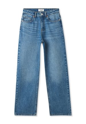 Jeans dritti di colore azzurro chiaro realizzati in denim, con vita alta, cinque tasche e cuciture a contrasto. Nessun segno di usura visibile.