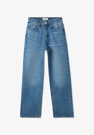 Jeans dritti di colore azzurro chiaro realizzati in denim, con vita alta, cinque tasche e cuciture a contrasto. Nessun segno di usura visibile.