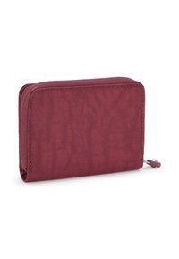 Burgundowa portmonetka z zamknięciem na zamek błyskawiczny, prostokątna, gładka w dotyku, z kontrastującymi szwami. Posiada mały uchwyt do zamka.