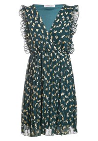 Robe verte à motifs floraux dorés en forme de feuilles, col en V, manches à volants. Tissu plissé avec une taille cintrée, longueur au genou. Matière légère.