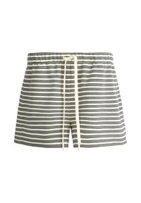 Short blanc avec de fines rayures noires horizontales et une taille élastique blanche à cordon noué sur le devant.