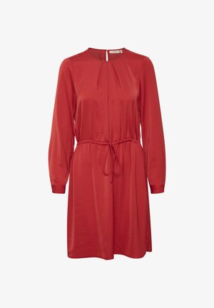 Rotes Kleid mit langen, schopfartigen Ärmeln, runder Halslinie, gefalteten Details und einem verstellbaren Kordelzug in der Taille. Glattes, glänzendes Material.