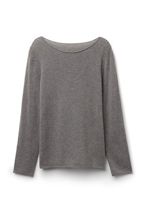 Grijze langearmpullover van een zachte, gestructureerde stof. Heeft een wijde halslijn en afgewerkte randen. Eenvoudig, klassiek ontwerp zonder versieringen.