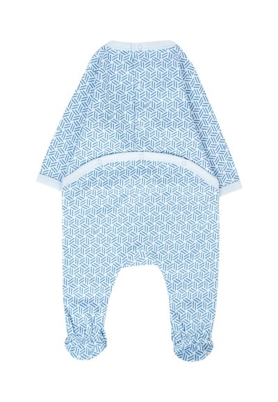 Pantalone a rompers per neonati di colore blu con motivi geometrici, maniche lunghe, chiusure a scatto al collo e alle gambe, e polsini elastici.