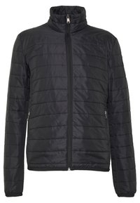 Schwarze gepolsterte Jacke mit hohem Kragen und durchgehendem Reißverschluss. Verfügt über horizontale Nähte und seitliche Reißverschlusstaschen. Glatte Textur.