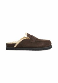 Brown suede slippers with a soft fur lining, slip-on design, and a black rubber sole with a textured grip pattern.