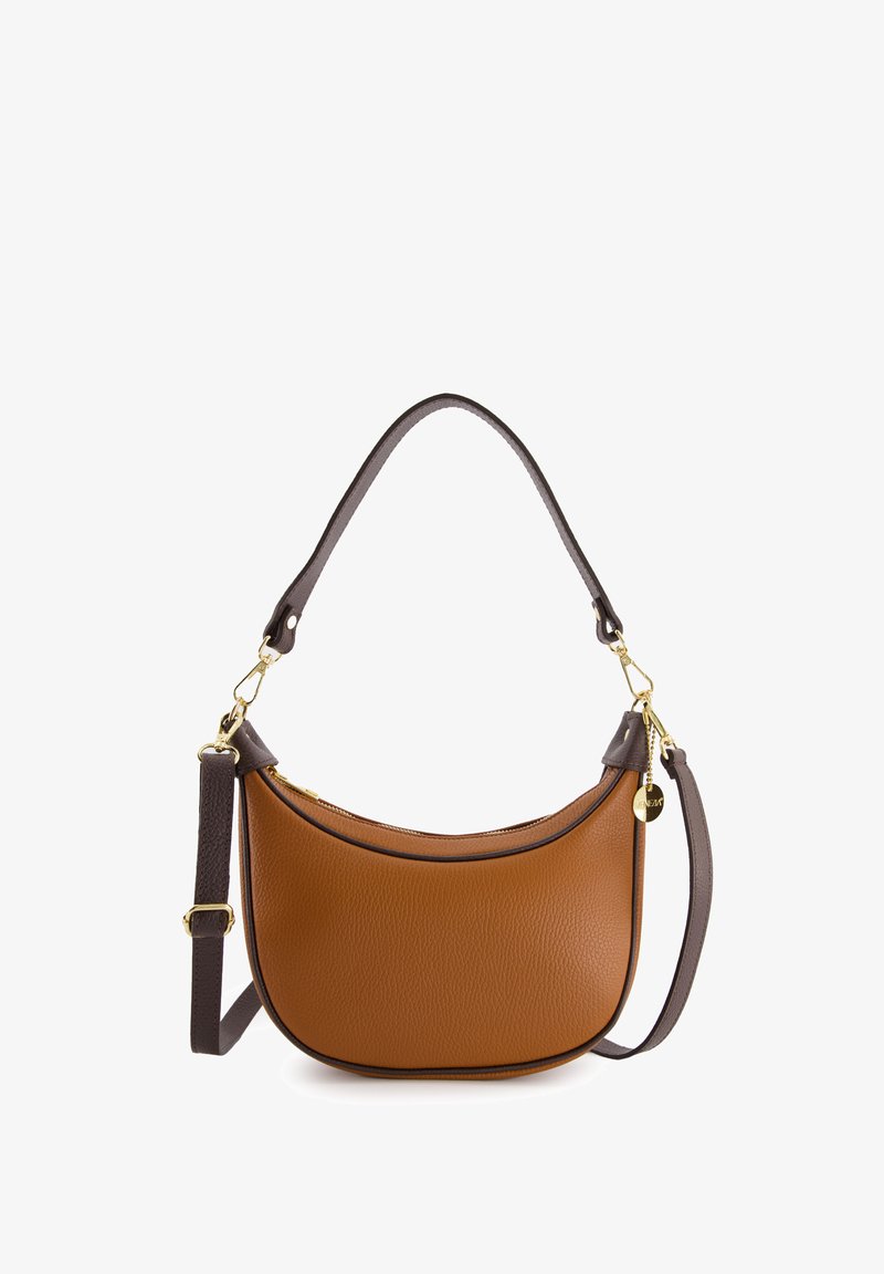 Leather shoulder bag in brown with a smooth texture, curvy shape, and gold hardware accents. Features a detachable dark brown strap.