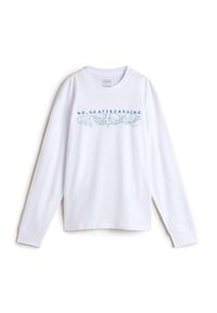 Weißes Langarm-T-Shirt aus Baumwolle mit einem blauen Grafikdesign, das Überwachungskameras und den Text "KEIN SKATEBOARDEN" zeigt.