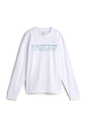 Camiseta blanca de manga larga hecha de algodón, con un gráfico azul que muestra cámaras de vigilancia y el texto "NO PATINANDO".