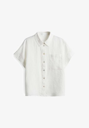 Camicia di lino bianca a maniche corte con colletto classico, taschino frontale e chiusura a bottoni di diverse tonalità sulla patta. Tessuto testurizzato.