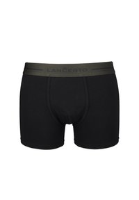 Czarne bokserki wykonane z bawełny, z zielonym paskiem w talii, na którym w czarnym kolorze widnieje napis "LANČERTO". Klasyczny krój bez wzorów i dodatkowych akcentów.