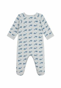 Hellgrauer Overall mit langen Ärmeln, der mit einem wiederholenden Blauwal-Muster versehen ist. Weicher Stoff, runder Ausschnitt und Fußdesign.