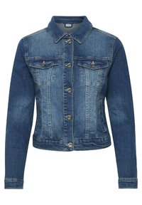 Chaqueta de mezclilla en un azul medio, con cierre de botones en el frente, dos bolsillos en el pecho, un collar puntiagudo y costuras decorativas a lo largo de las costuras.