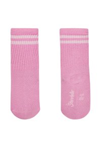 Pink cotton socks with white stripes at the top and a smooth texture. The brand name is printed on the foot area.