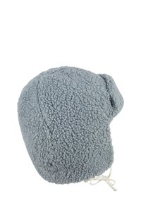 Light gray fleece hat with a soft, textured surface. Features rounded shape and adjustable tie at the base for a secure fit.