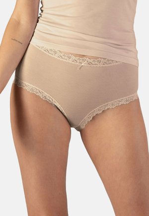 Beige cotton underwear with a floral lace trim along the waistband and leg openings, featuring a smooth texture and classic hipster cut.