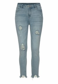 Jeans in denim blu chiaro con accenti strappati, presentano strappi con bordi sfilacciati e un design slim-fit. Stile a cinque tasche standard.